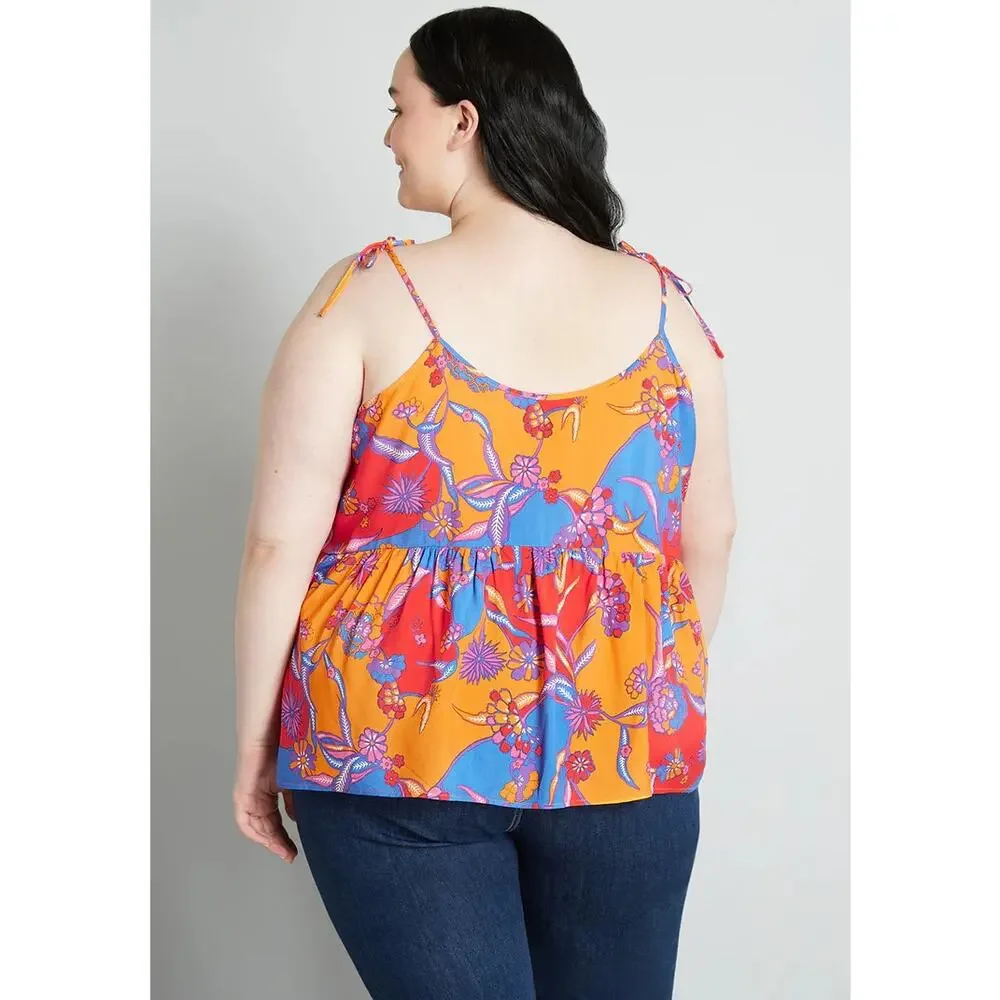 ModCloth Bohemia Bound Peplum Tank Top Orange Bali Floral Women's M NWT
